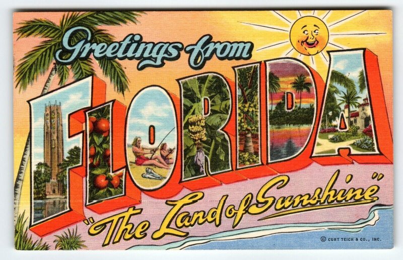 Greetings From Florida Land Of Sunshine Large Letter Linen Postcard Sun w/ Face