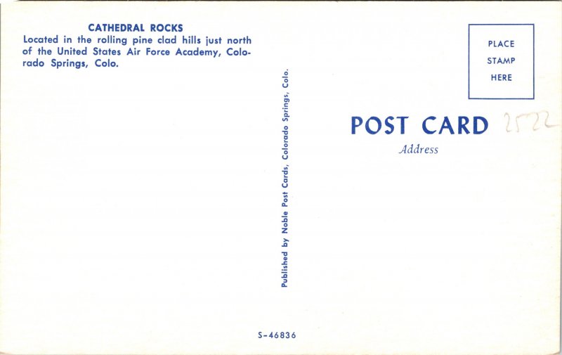 Cathedral Rocks nr US Air Force Academy Colorado Springs CO Postcard unused '50s