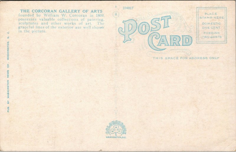 Vtg 1920s Corcoran Gallery of Art Washington DC Postcard