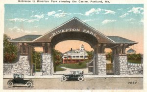 Vintage Postcard Entrance to Riverton Park Casino Portland Maine ME Old Cars