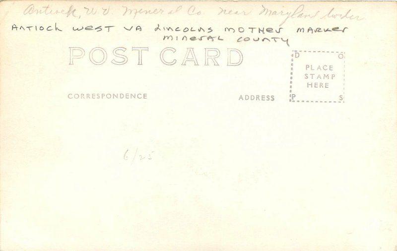 Antioch West Virginia Mineral County Lincoln's Mother Mark RPPC postcard 11212