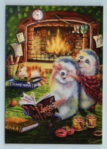 HEDGEHOG COUPLE Book n Red CAT near Fireplace Love Fantasy Russian New Postcard