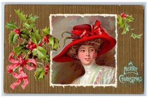 Christmas Postcard Pretty Woman Big Hat Holly Berries Embossed c1910's Antique