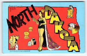 Greetings From North Dakota Miss America Postcard Map Crown Robe Linen Kropp