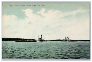 1914 Tug Grace Towing Scow Cape Cod Canal Massachusetts MA, Ships Scene Postcard