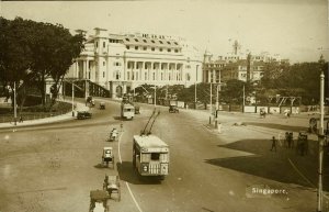 singapore, Fullerton Building, Trolley Bus (1920s) RPPC Postcard