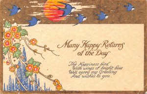 Many Happy Returns of Day 1930 Sunset Swallow Bird Flower Art Deco postcard C355