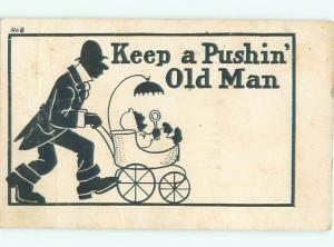 Pre-Linen Comic MAN PUSHING BABY CARRIAGE AB9450