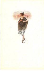 Lady with shawl. Landscape Old vintage Italian, modernist style postcard