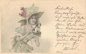 Art Nouveau Lady With Her Cat Vintage Postcard 07.66