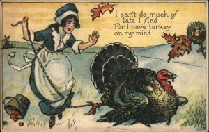 Thanksgiving Startled Pilgrim Woman with Giant Turkey Vintage Postcard