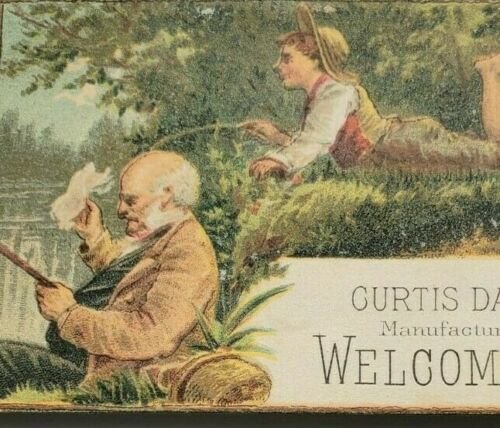 1880's Victorian Trade Card Welcome Soap Man and Boy Fishing Curtis Davis Co