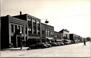 RPPC Postcard MI Gaylord Drug Store Savings Bank Old Cars Street View 1956 M53
