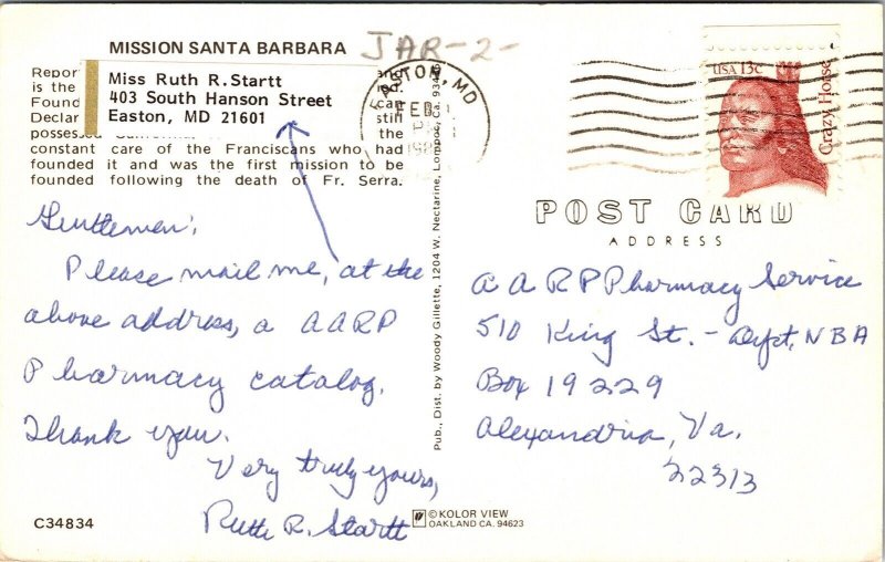 Mission Santa Barbara Easton Md 21601 Cancel Pm First Mission Postcard 