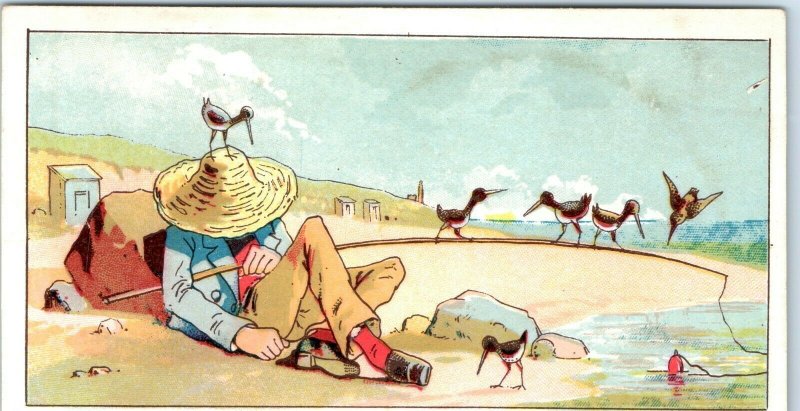 c1880s Man Sleeps Fishing Sea Seagull Color Lith Stock Trade Card Oceanside C30