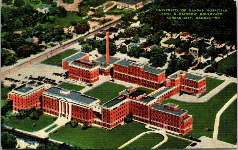 University of Kansas City Hospital 39th & Rainbow Blvd., c1943 Linen Postcard