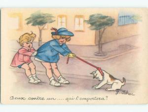 Pre-Chrome foreign signed CUTE FRENCH GIRL PULLS STUBBORN DOG ON LEASH k3668