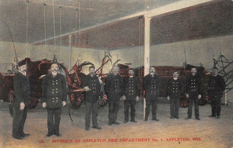 INTERIOR OF APPLETON FIRE DEPARTMENT NO. 1 APPLETON WISCONSIN POSTCARD (c. 1910)