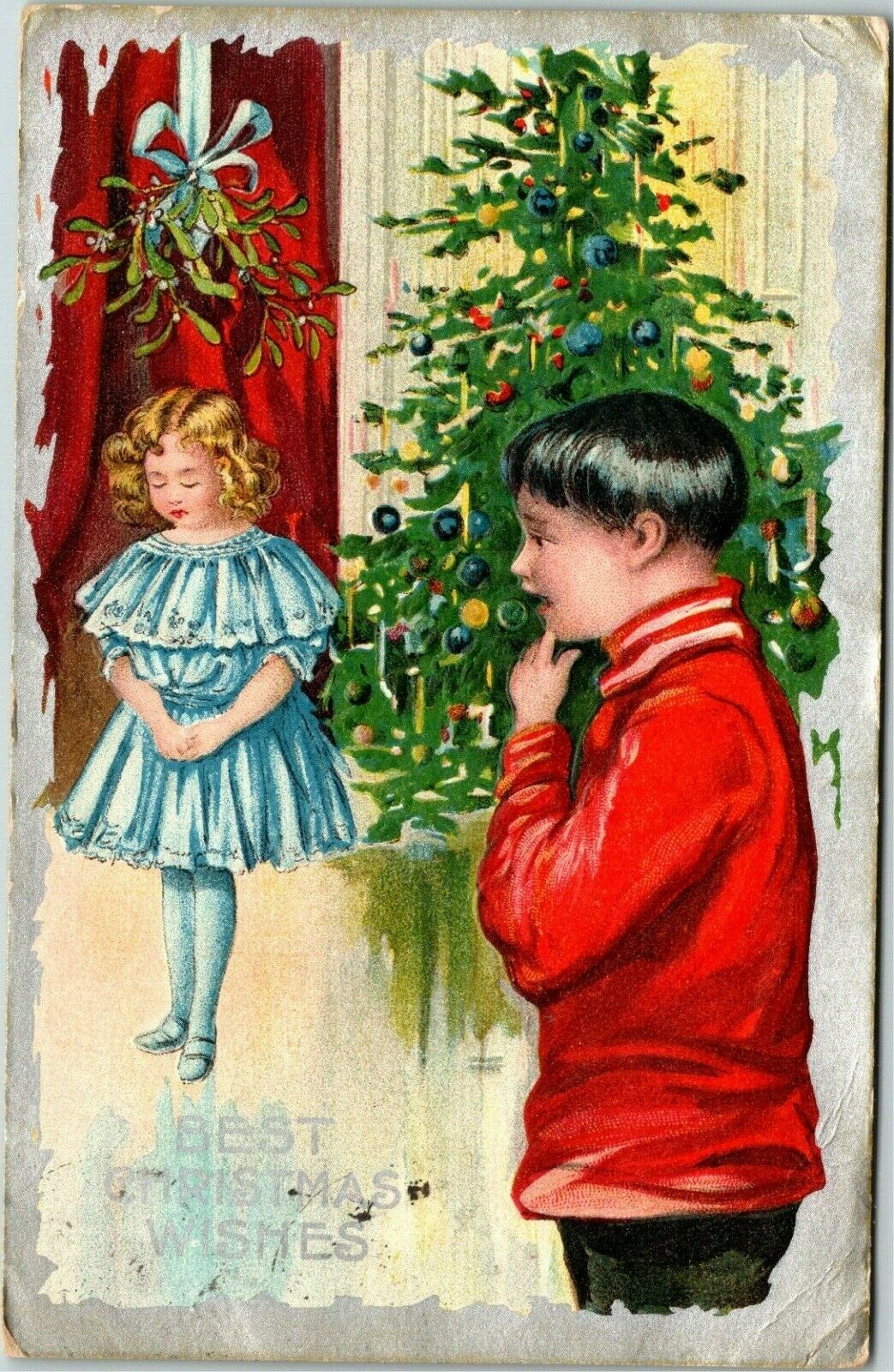 1909 Little Girl Waiting Under The Mistletoe Scared Little Boy- A15 ...