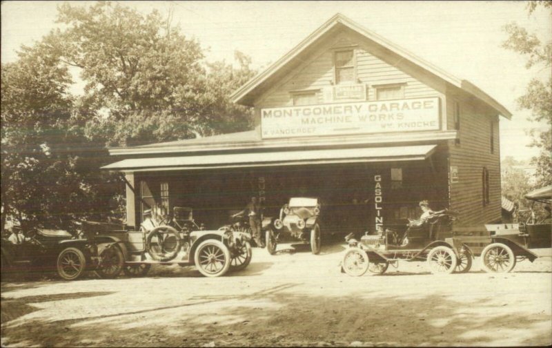 Montgomery PA Garage Machine Works Cars etc c1910 Real Photo Postcard