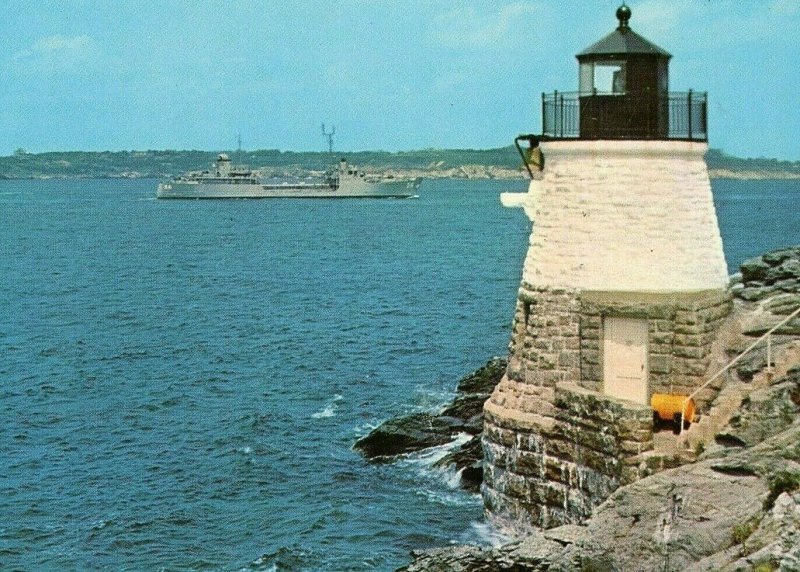 Postcard Navy Ship passing Castle Hill Light, Narragansett Bay ,Newport, RI.  Q5