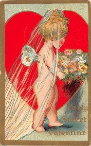 H53/ Valentine's Day Love Holiday Postcard c1910 Cupid Bride Flowers 2