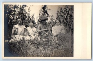 c1910's Women And Man With Corn Cattails Scene Field RPPC Photo Antique Postcard