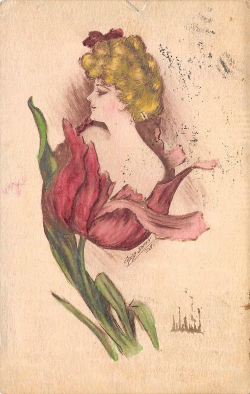 Woman In Flower Artist-Signed Cobb Shinn 1910 Hand-Colored Art Vintage Postcard