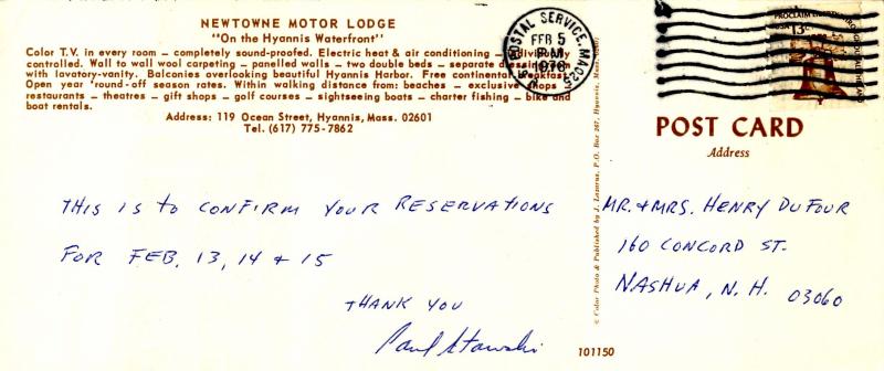 MA - Hyannis. Newtowne Motor Lodge (3.5 X 8.25).