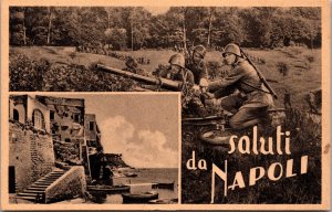 Mint Italy WW2 Patriotic PPC postcard Greetings From Napoli and Soldiers firing