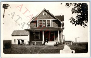 c1910s Single Man on Farm House Porch RPPC Nice Woodworking Carriage Bowler A192