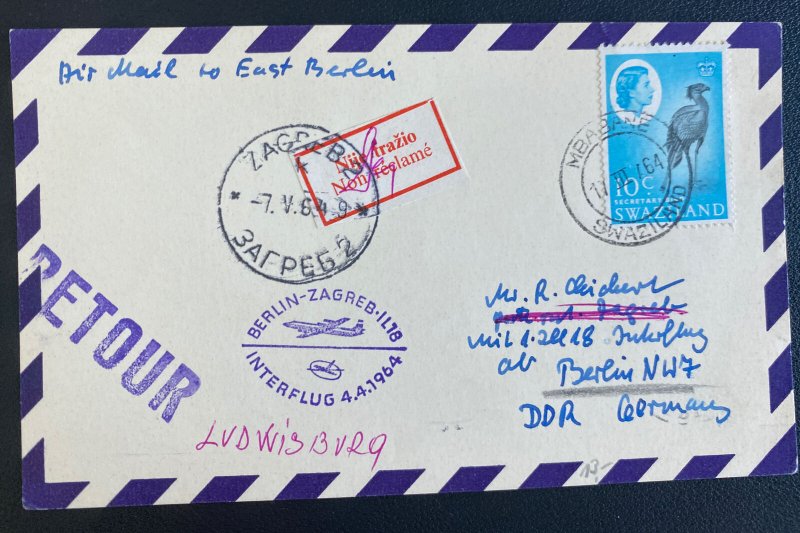 1964 Mbabane Swaziland Airmail Postcard Cover To Berlin Germany Lufthansa