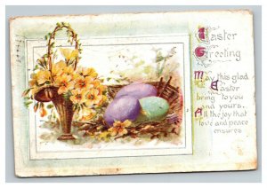 Vintage 1912 Easter Postcard Colored Eggs Beautiful Yellow Flowers Embossed