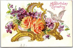 1907 A Birthday Greeting Flowers And Bird In Golden Basket Posted Postcard