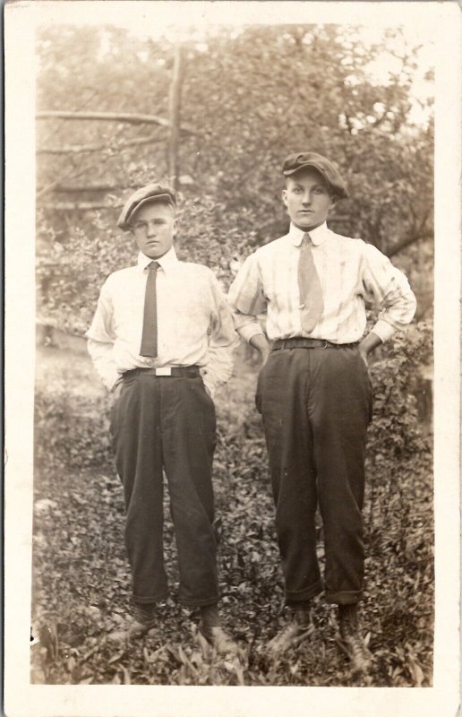RPPC Handsome Young Men in Woods Shirt & Ties Newsboy Caps Photo Postcard W14 