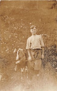 J43/ Interesting RPPC Postcard c1910 Animal Pet Goat Boy Farmer 298