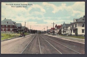 Ca 1908 MONTAUK AVENUE W/OLD CAR & TROLLEY TRACKS, NEW LONDON CT