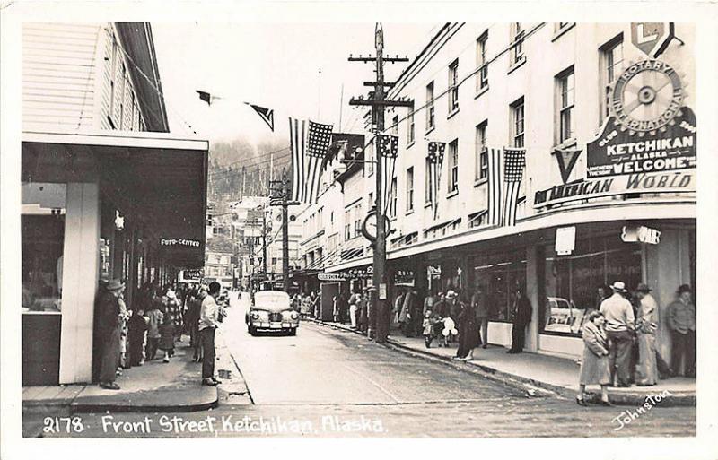 Ketchikan AK Busy Front Street Store Fronts Pan Am Building RPPC Postcard