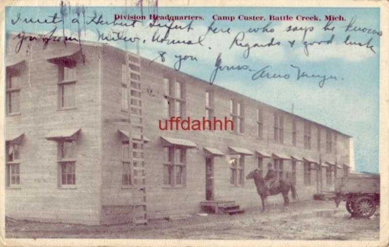 DIVISION HEADQUARTERS, CAMP CUSTER, BATTLE CREEK, MI 1918 getting ready to train