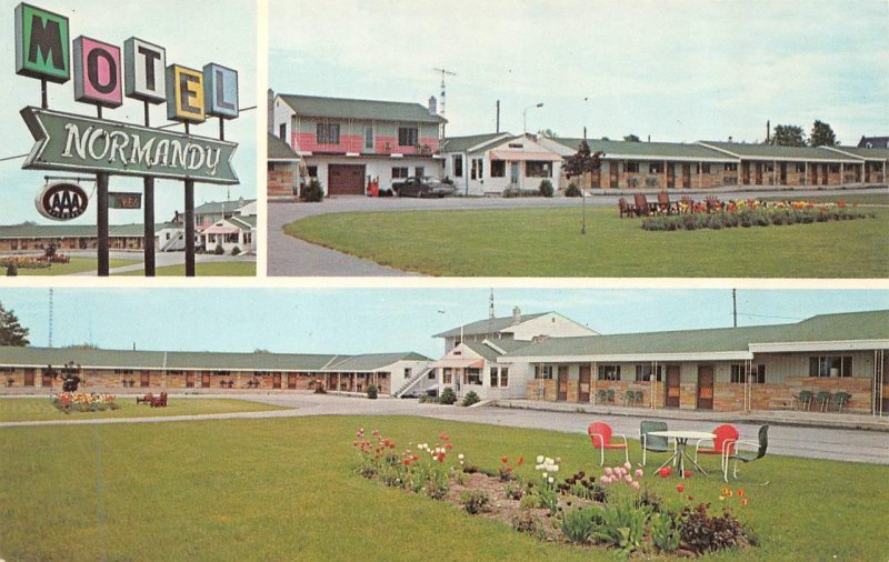 2~Chrome Postcards  St Ignace, MI Michigan  NORMANDY MOTEL Multi View ROADSIDE 