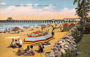 Beach Scene Palm Beach Florida 1940s linen postcard