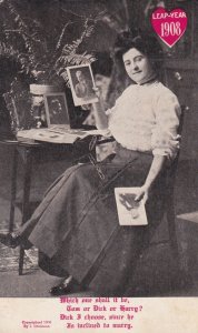 LEAP YEAR, PU-1908; Woman holding men's pictures