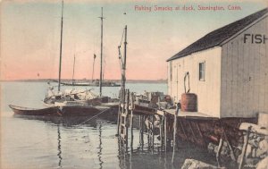FISHING SMACKS AT DOCK STONINGTON CONNECTICUT SHIP PIER POSTCARD (c. 1910)