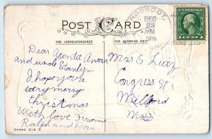 Christmas Postcard Santa Claus Going Down Chimney Berries Embossed Nobscot MA