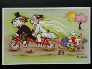 Artist Drawn Cute Little DRESSED DOGS on TANDEM by Mary Daester c1920s Postcard