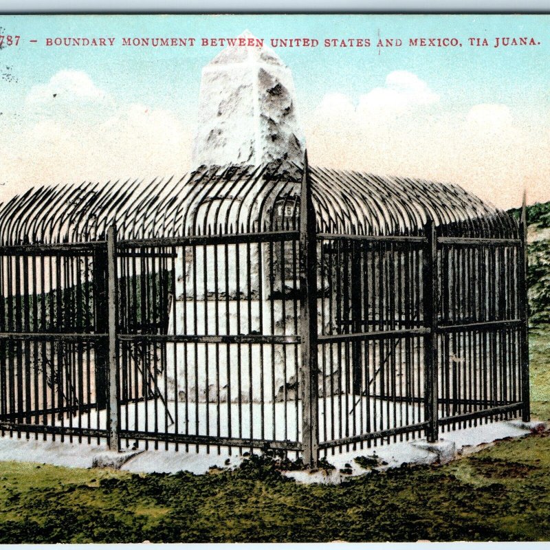 c1910s Tijuana Mexico US Border Monument Boundary Marker Iron Cage Postcard A342