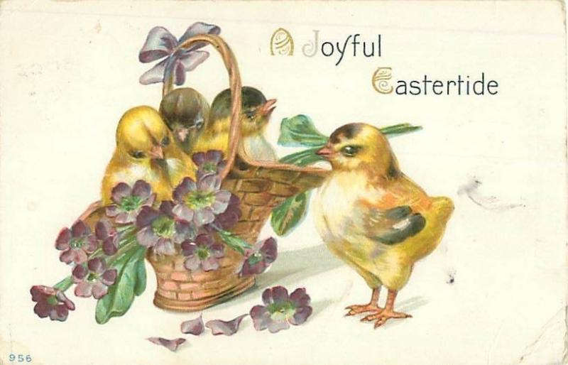 Basket of Purple Flowers and Chicks 1913 Embossed Easter Postcard USED