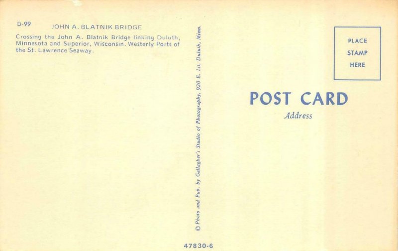 50's CARS Crossing JOHN A BLATNIK BRIDGE  Minnesota To Wisconsin  Postcard