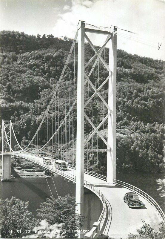 Postcard Norway Hardanger Suspension Bridge classic vintage car