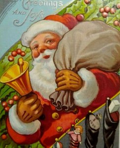 Santa Claus Holding Bell Vintage Christmas Postcard Stocking With Gifts Series 2